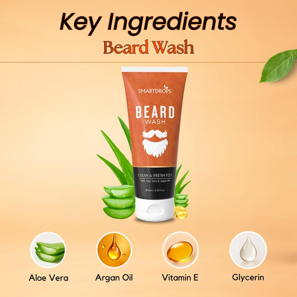 Smartdrops Beard Wash for Men Daily Cleanser Gentle Care Wash for Grooming Routine, Hydrating Beard and Skin Cleaner, beard growth and thicker looking - 60 ml (Pack 1)