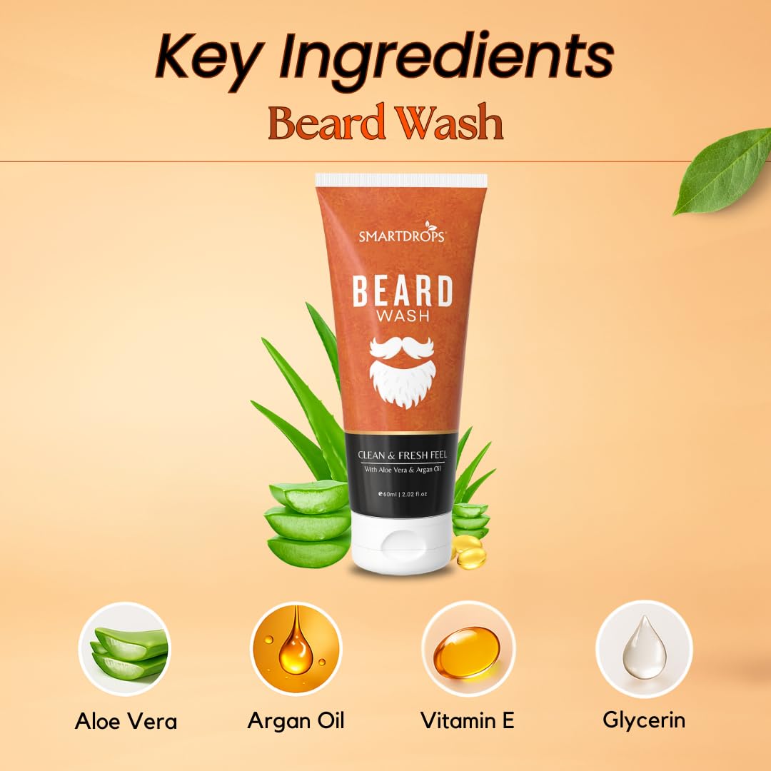 Smartdrops Beard Wash for Men Daily Cleanser Gentle Care Wash for Grooming Routine, Hydrating Beard and Skin Cleaner, beard growth and thicker looking - 60 ml (Pack 1)