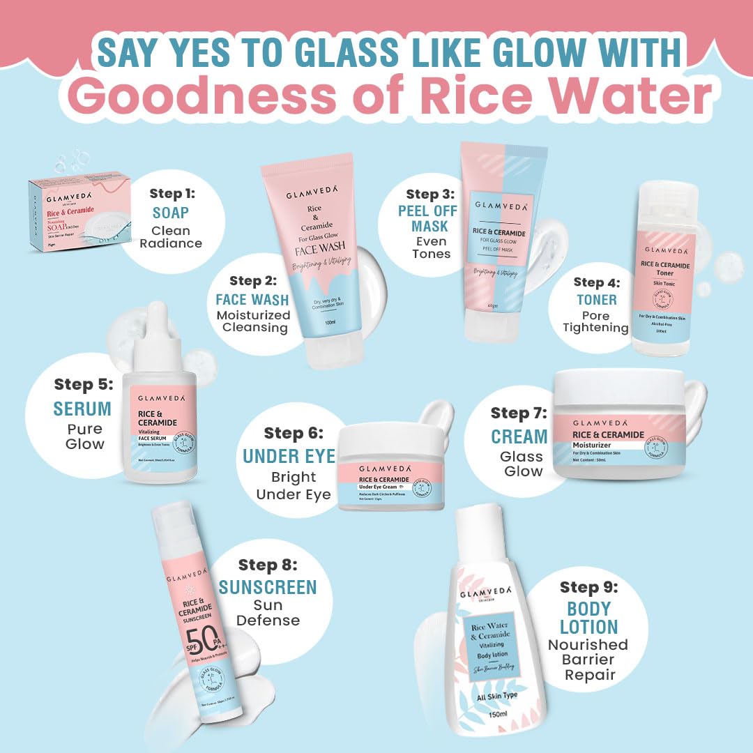 Glamveda Korean Rice & Ceramide Face Toner | Rice Water Toner For Dry & Combination Skin | Pore Tightening & Glowing Skin | Fades Blemishes, Brightens & Smoothens | Women & Men | 100ml