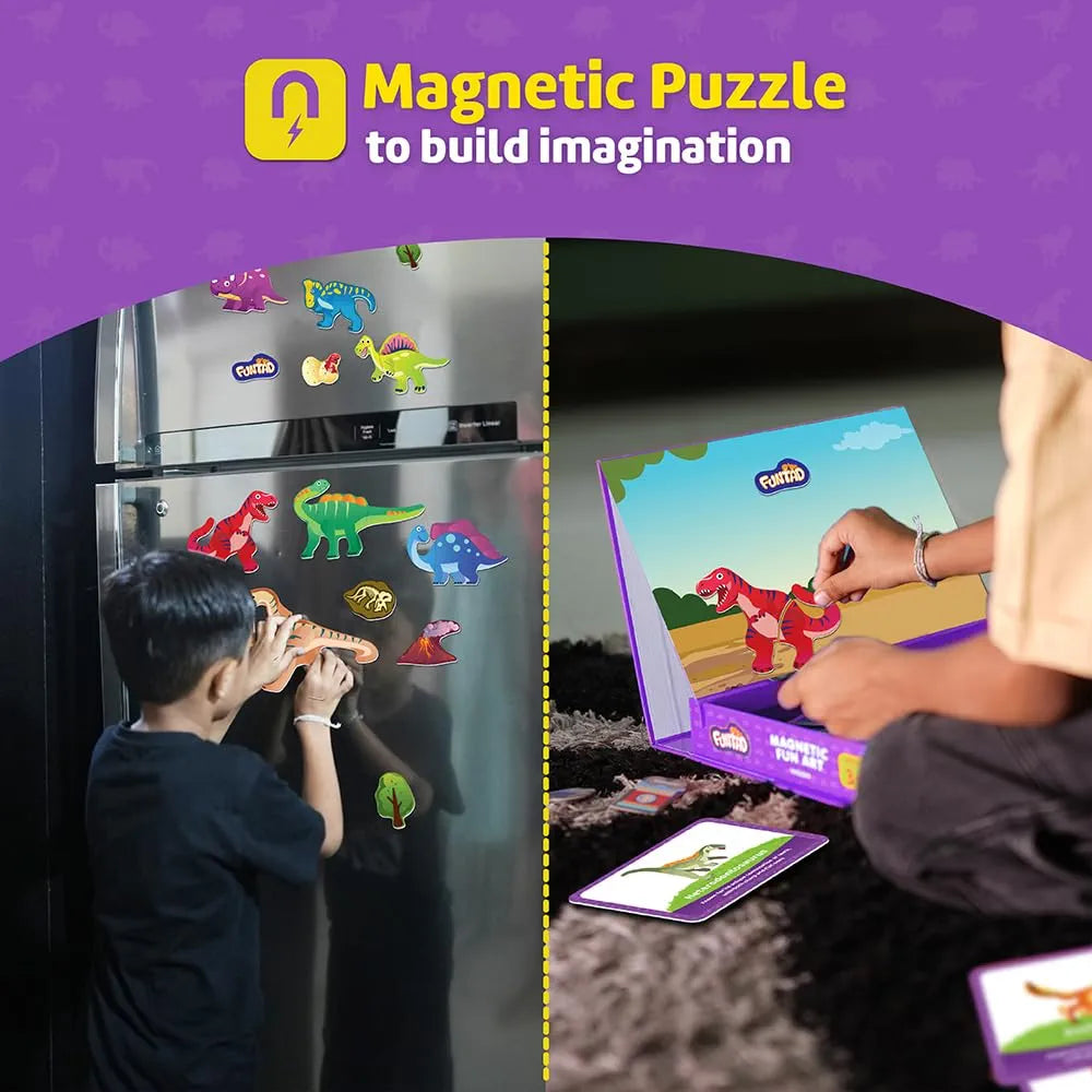 Funtad Magnetic Fun Art Puzzle Dinosaur 4-in-1 Travel Friendly Educational Toy with Writable Board 50 Magnetic Pieces with for Boys & Girls Age 3,4,5 & 6 yrs