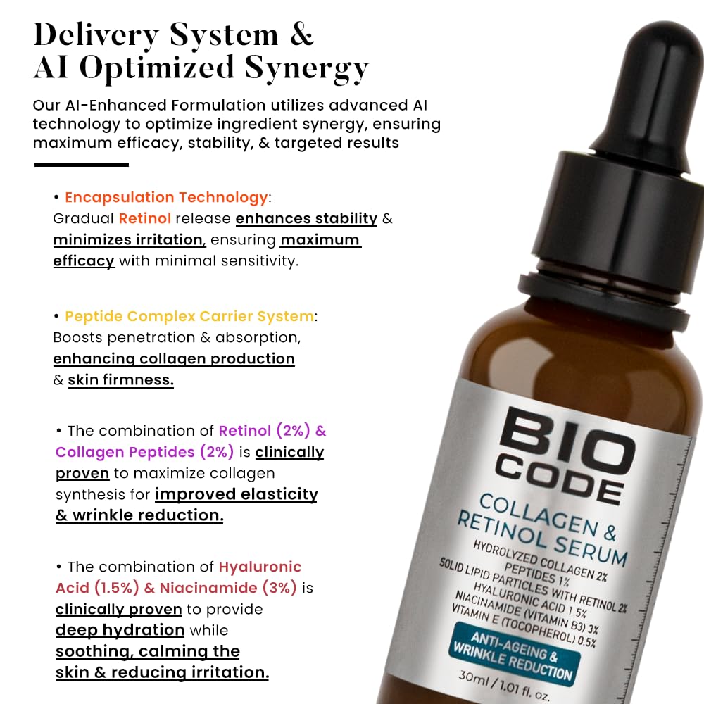 Bio Code Hydrolyzed Collagen 2% Face Serum (30ml) â€“ with 2% Retinol SLP, 1% Peptides & 3% Niacinamide | For Anti-Aging & Wrinkle Reduction | AI-Enhanced Formula | Dermatologist Recommended
