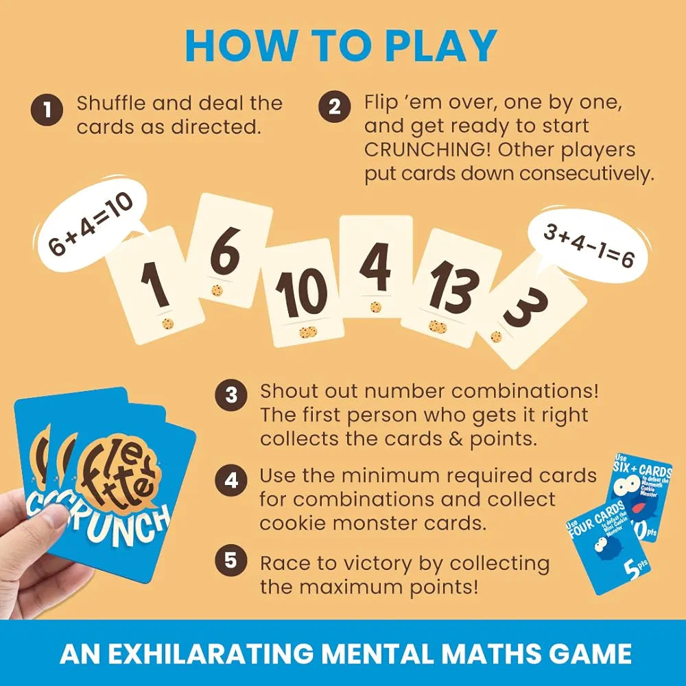 Binca Card Game - Fletter Crunch, Mental Math Game for Kids, Fast-paced Fun for Family Game Night, Addition & Subtraction, Gifts for Kids Ages 8, 9, 10, 11 Years, 2-4 Players