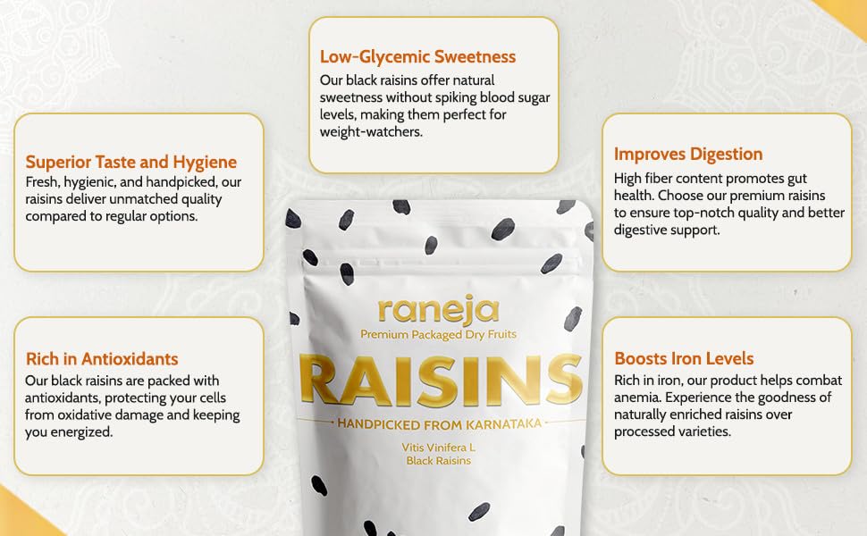 Raneja Premium Afghani Seedless Black Raisins | High in Antioxidant Kali Kishmish/Kismis Dry Fruits, Healthy Snacks | Rich in Fiber & Potassium | Naturally Sweet & Tasty