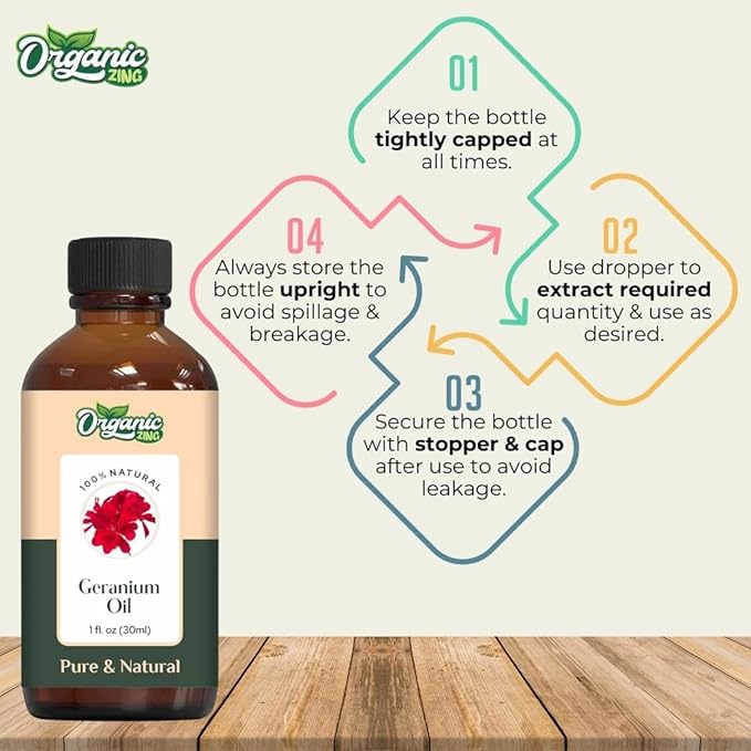 Organic Zing Geranium Essential Oil for Skin, Face, Hair Care, Aromatherapy, Diffuser, Conditioner - 30 Ml