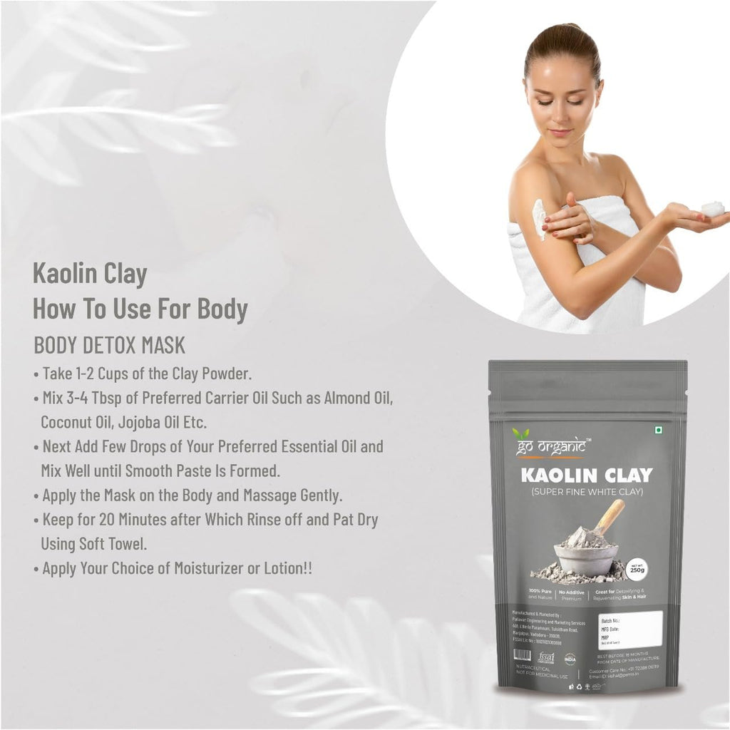 Go Organic White Kaolin Clay Powder for Skin Face Mask, 250g, Natural Ingredients, Gentle Exfoliation, Deep Cleansing,China clay | White Clay | Vegan and Organic | Paraben free | Reduces Acne, De Tan & Blackheads | Fack Pack | Hair Pack |
