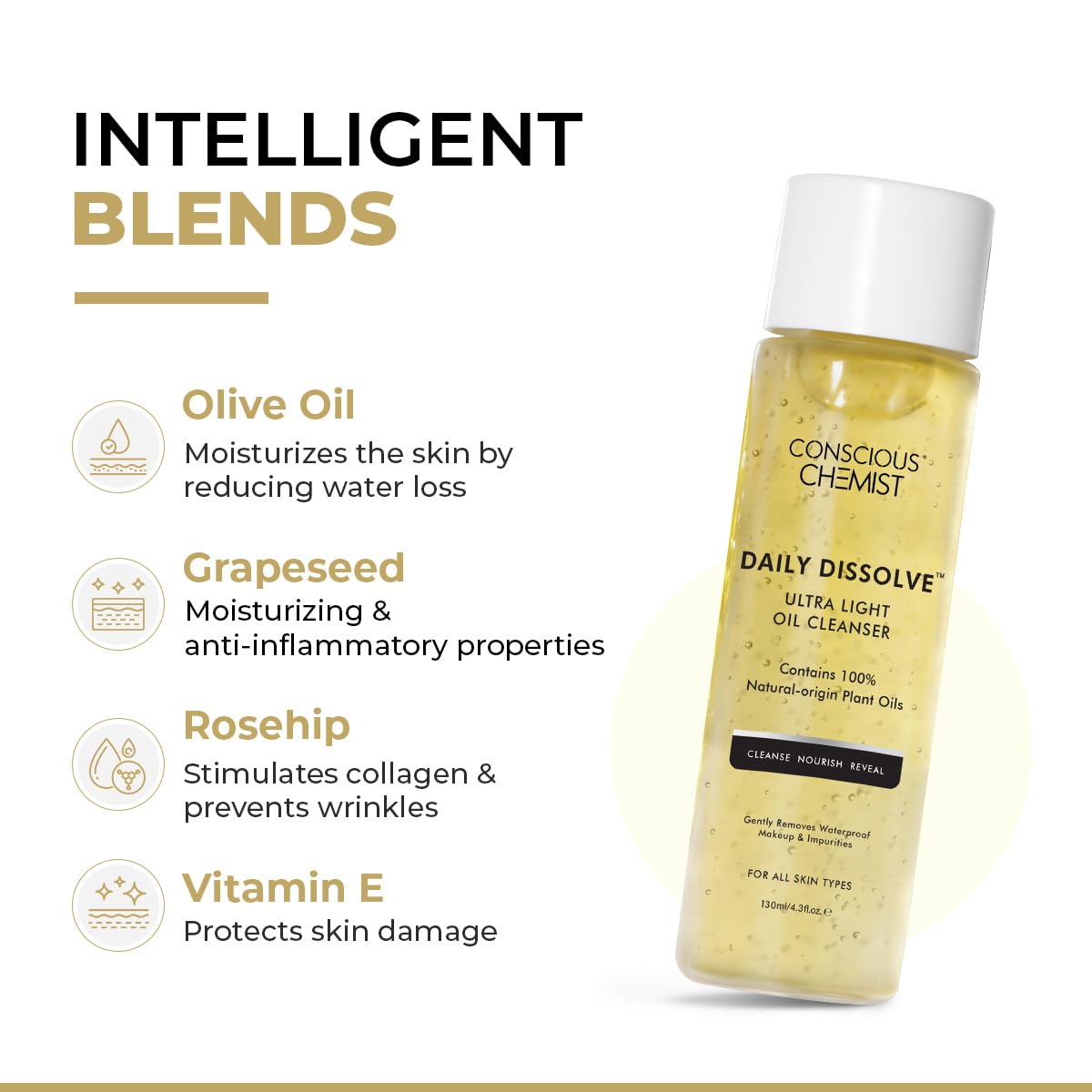 Conscious Chemist® Makeup Cleansing Oil | 130ml | Makeup Remover & Light Daily Cleanser for All Skin Types | Removes Waterproof Makeup, SPF & Impurities | Soft & Glowing Skin - For Men & Women