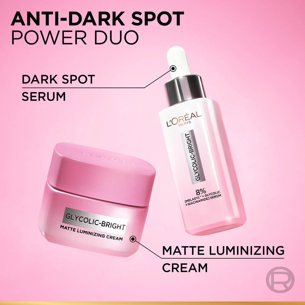 L'Oréal Paris Glycolic Bright Matte Luminizing Cream, 50ml | Instant glow booster | Fades dark spots | Highlighter in moisturzier | Strobe Cream