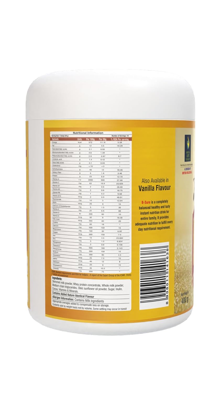 Bsure - For a Life Without Health Limits | Complete Balanced Nutritional Supplement for All Ages | Immunity Booster with 3 Vital Antioxidants & 28 Nutrients | Gluten-Free | Dutch Chocolate Flavour | 400g
