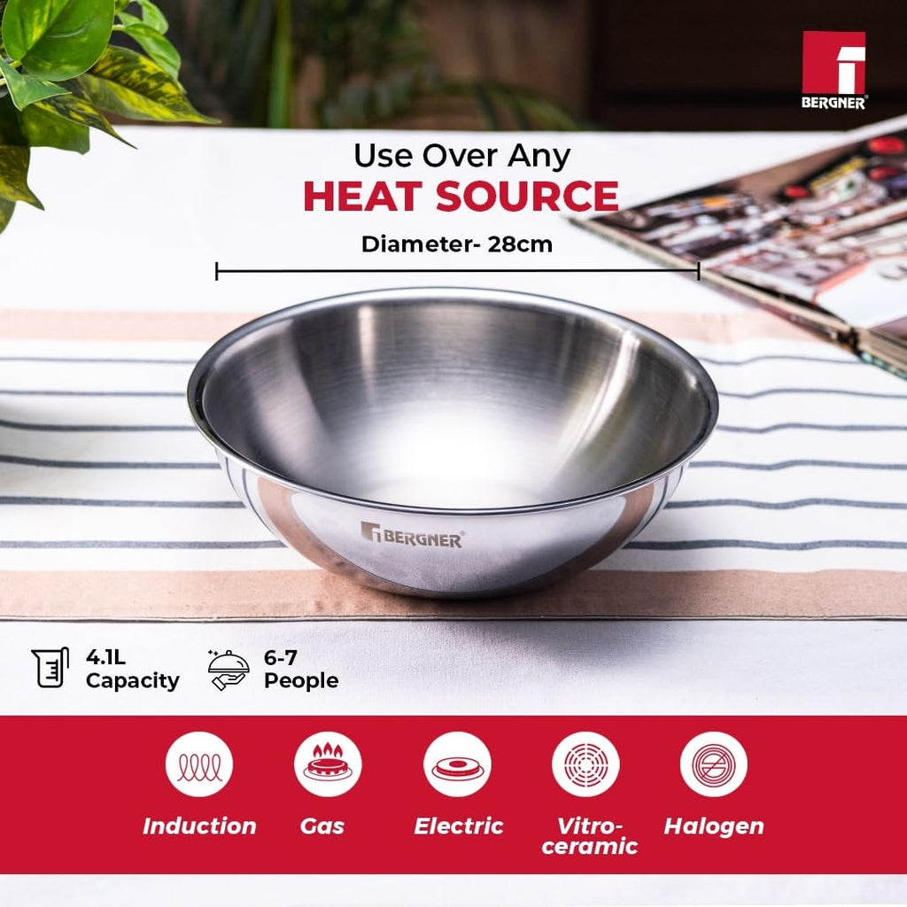 Bergner Tripro Triply Stainless Steel Cook and Serve 28cm Tasla | Tasra Kadai | Handleless Wok | 4.25 Litres