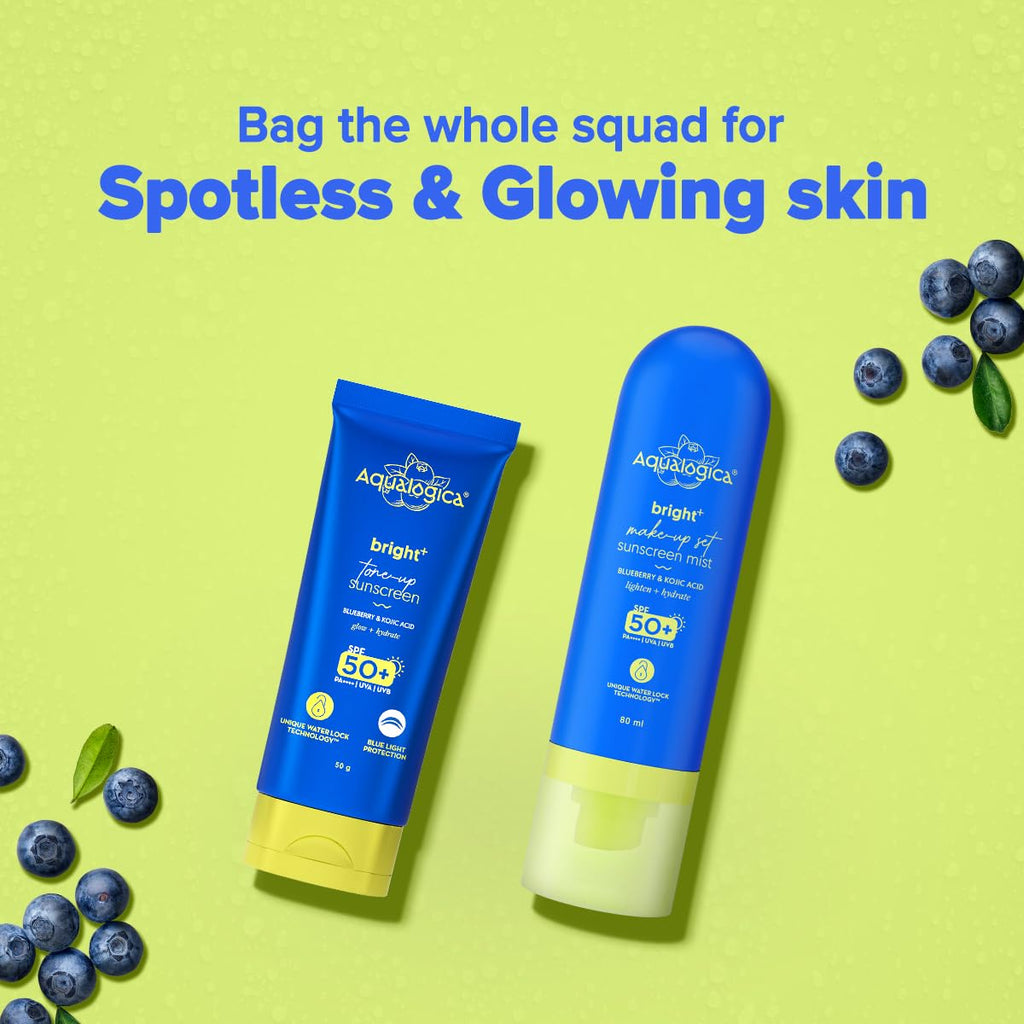 Aqualogica Bright+ Tone Up Sunscreen | Broad Spectrum SPF 50+ PA++++ with Kojic Acid & Blueberry | UVA/B & Blue Light Protection | Instantly Brightens | Lightweight, Non-Greasy, No White Cast | All Skin Types | Fragrance-Free | 50g