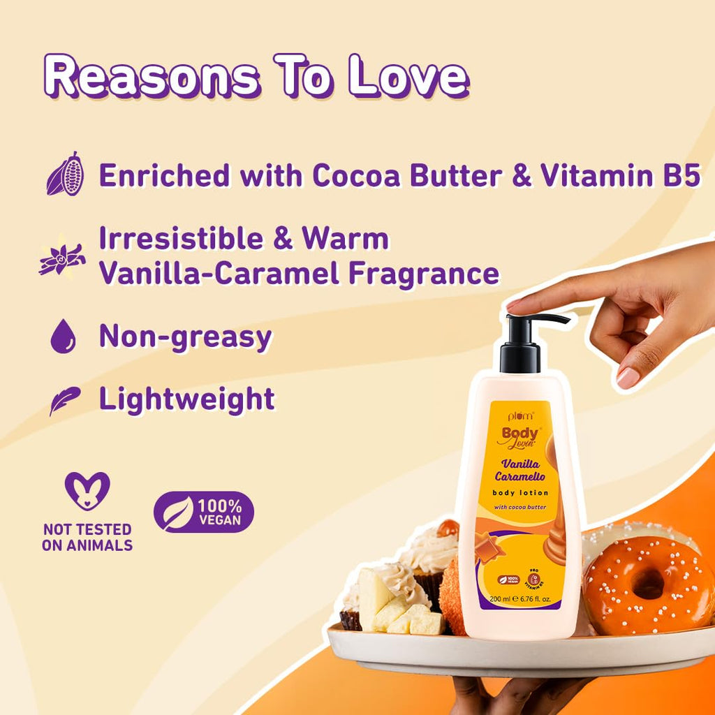 Plum BodyLovin' Vanilla Caramello Body Lotion | Cocoa Butter & Vitamin B5 for Deep Moisturization | Non-Greasy | Soft & Glowing Skin | for Dry to Very Dry Skin | Warm & Cozy Vanilla Fragrance â€“ 200ml | Exclusively Available on Amazon