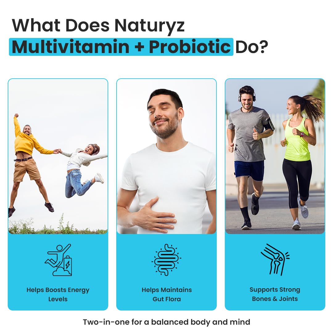 NATURYZ Highest Strength Daily Multivitamin with 50 Billion CFU Pre-Probiotics | Goodness of 2 Supplements in 1 | 44 Nutrients | Vitamins & Minerals Supports Gut Health, Immunity & Boosts Energy - 90 Tablets