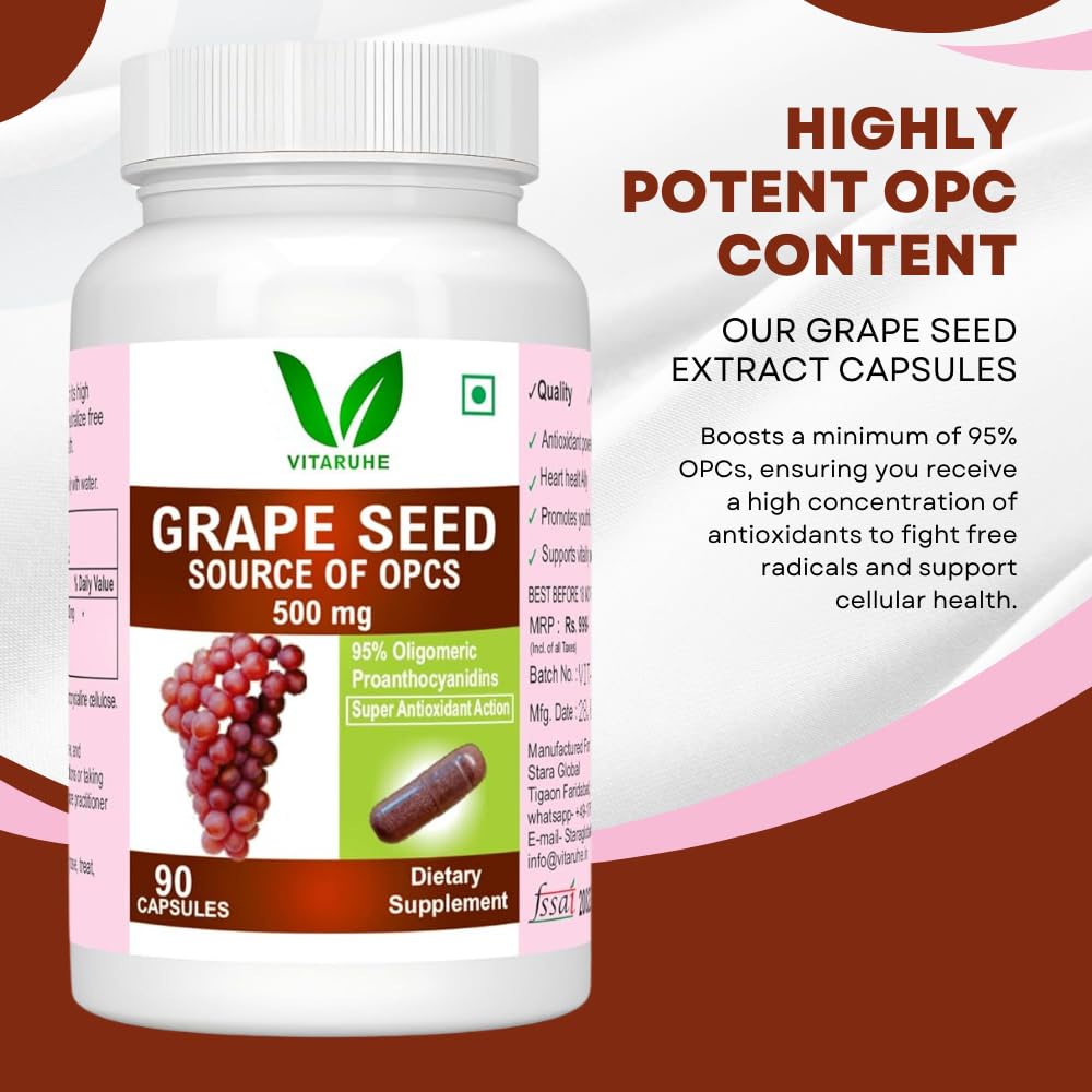 VITARUHE OPC Grape Seed Extract Capsules - Minimum 95% OPCs, Antioxidant Support, 90 Capsules