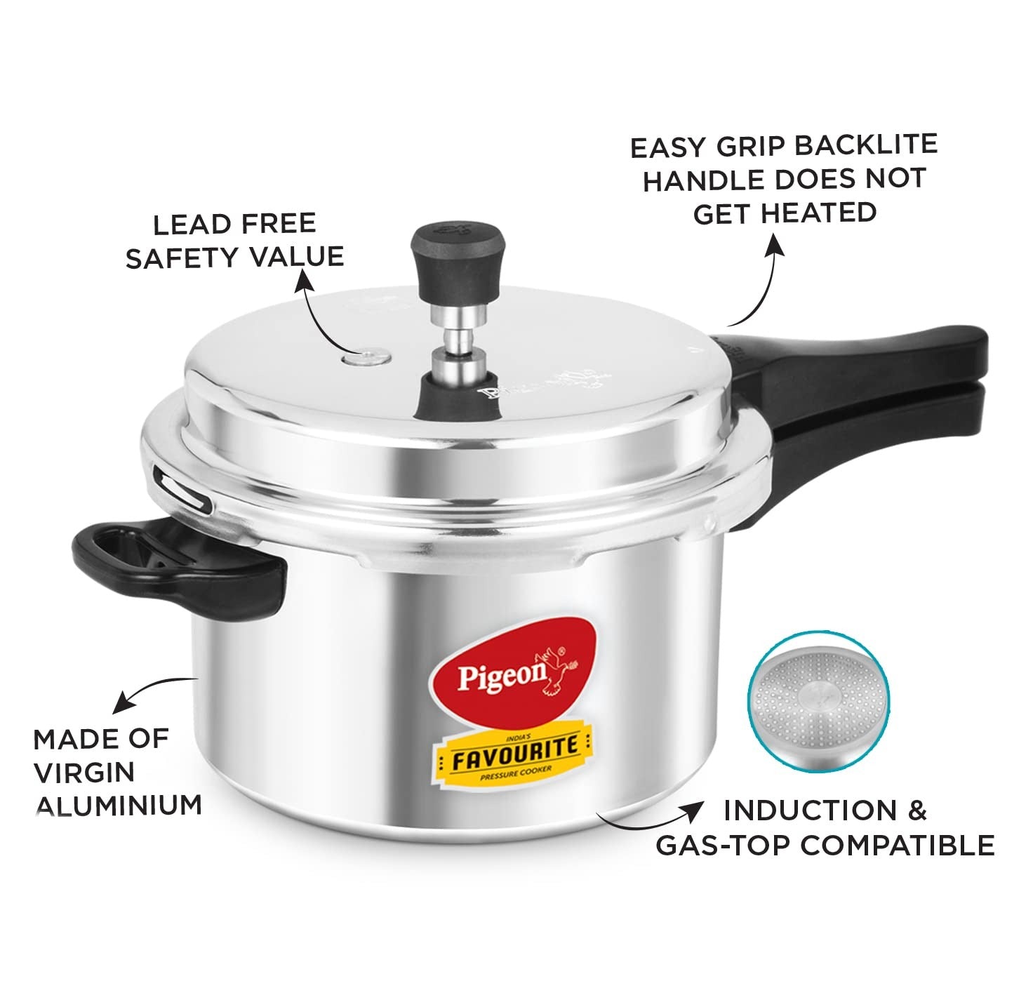 Pigeon By Stovekraft Induction Base Aluminium Pressure Cooker with Outer Lid - 5 Litres, Silver