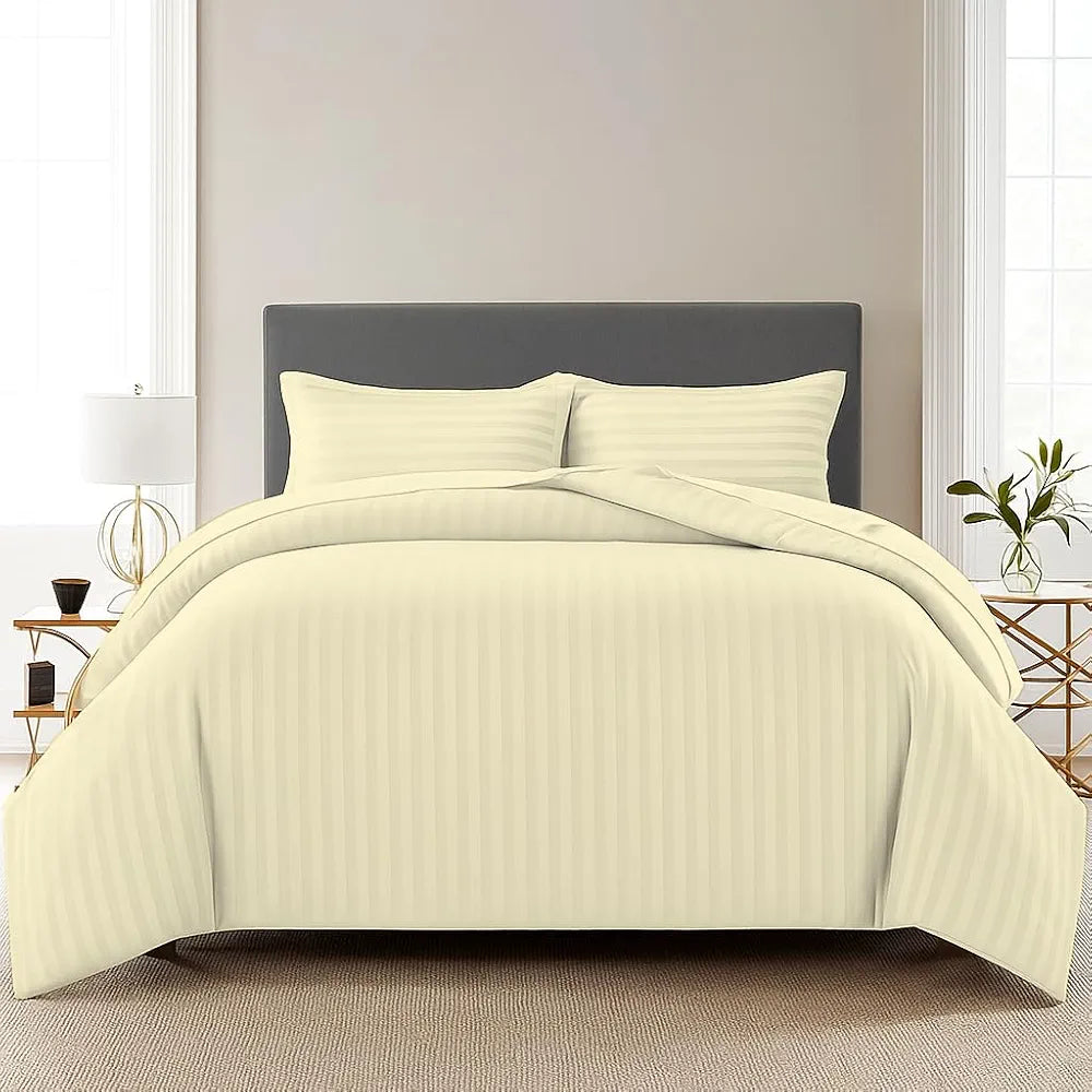 Trance Home Linen Zippered 100% Cotton 200 TC Satin Stripe Queen Duvet Cover Quilt Cover with 2 Pillow CoversIvory Colour Cream