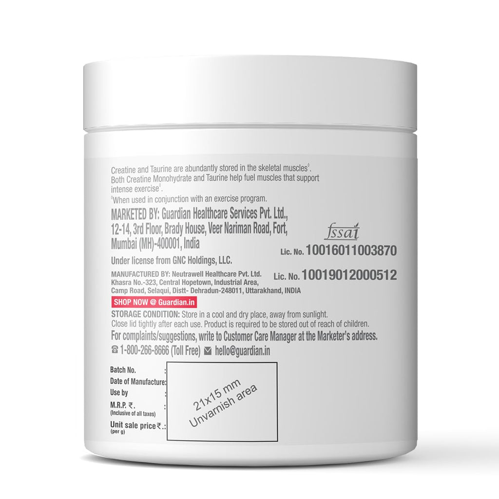 GNC Pure Micronized Creatine Monohydrate + Taurine | 100 gm | 33 Serving | Unflavoured | Instantized | Fuels Muscles | Increase Muscle Mass | Rapid Absorption | Faster Muscle Building| Lab Tested | Faster Muscle Recovery| Boost Performance | Imported