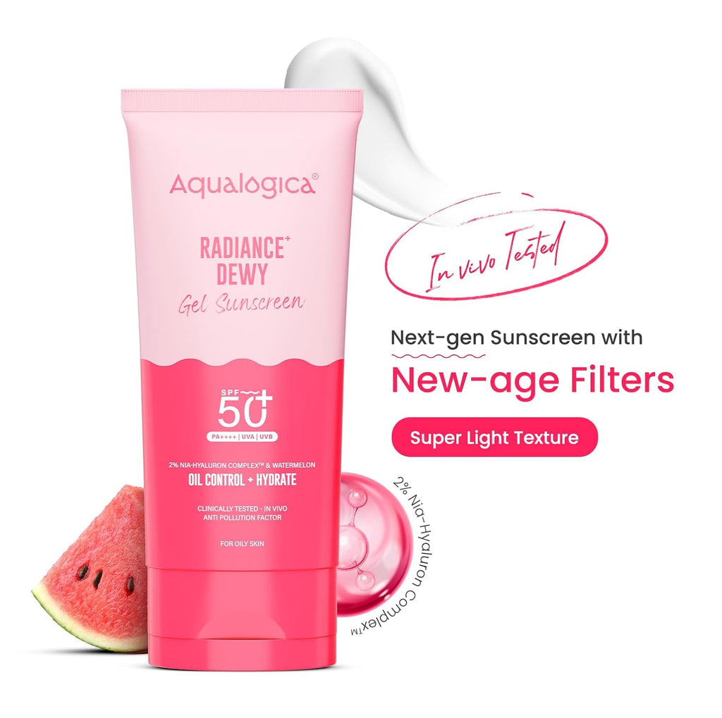 Aqualogica Radiance+ Dewy Gel Sunscreen SPF 50+ PA++++, 80g | 2% Nia-Hyaluron Complex | Broad Spectrum UVA/UVB & Blue Light Protection | Fragrance-Free | No White Cast | Lightweight | Anti-Pollution | For Men & Women
