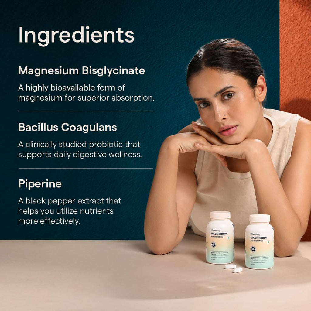 The Good Bug Magnesium Bisglycinate Tablets with Probiotics | 440mg Elemental Magnesium | Highly Bioavailable Form | Supports Muscle Recovery, Deep Sleep & Gut Health | 60 Tablets