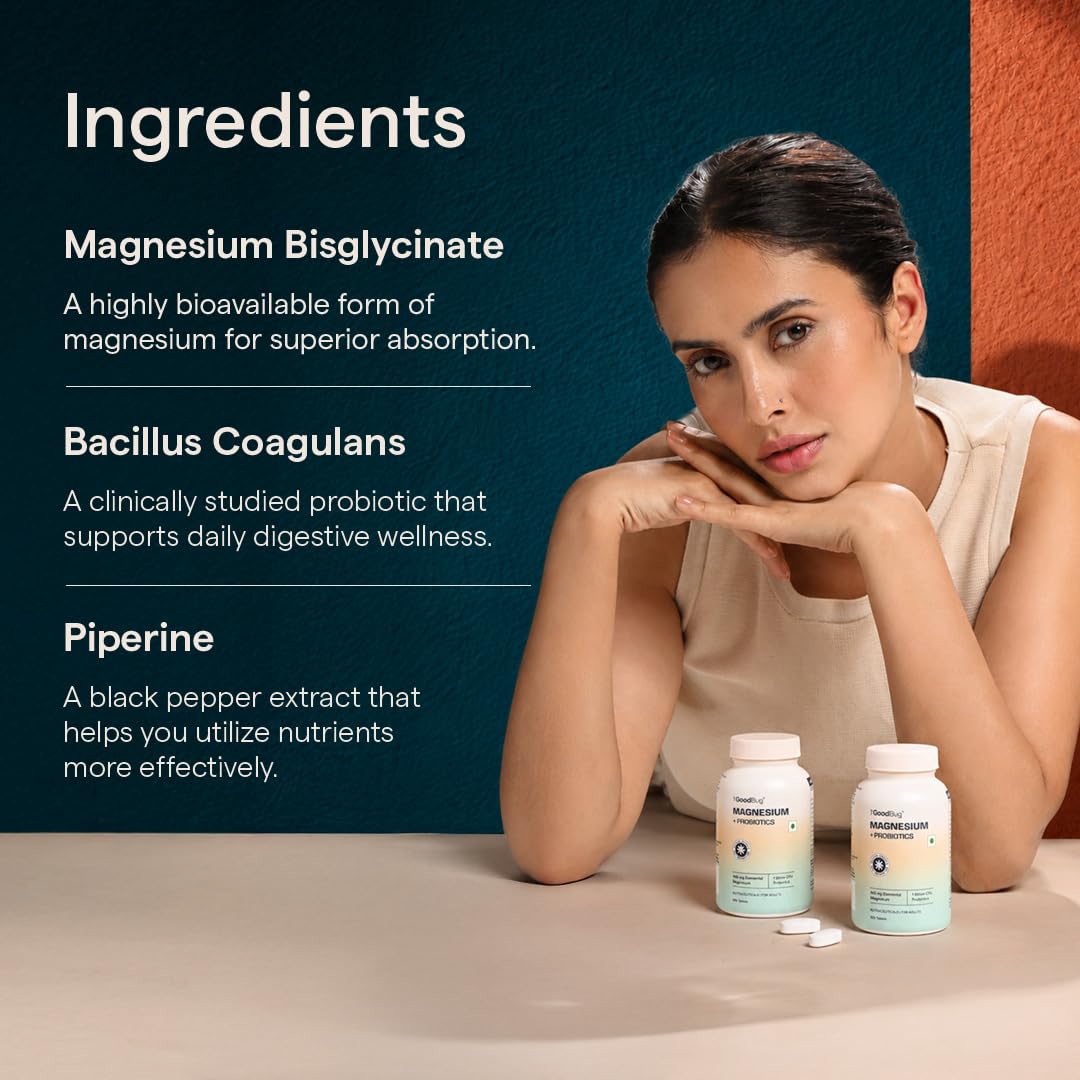 The Good Bug Magnesium Bisglycinate Tablets with Probiotics | 440mg Elemental Magnesium | Highly Bioavailable Form | Supports Muscle Recovery, Deep Sleep & Gut Health | 60 Tablets
