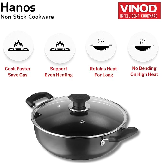 Vinod Hanos Hard Anodised Non Stick Deep Kadhai with Glass lid - 4.1 Litre, 26 cm | 3.25mm Thick | 5X Non Stick
