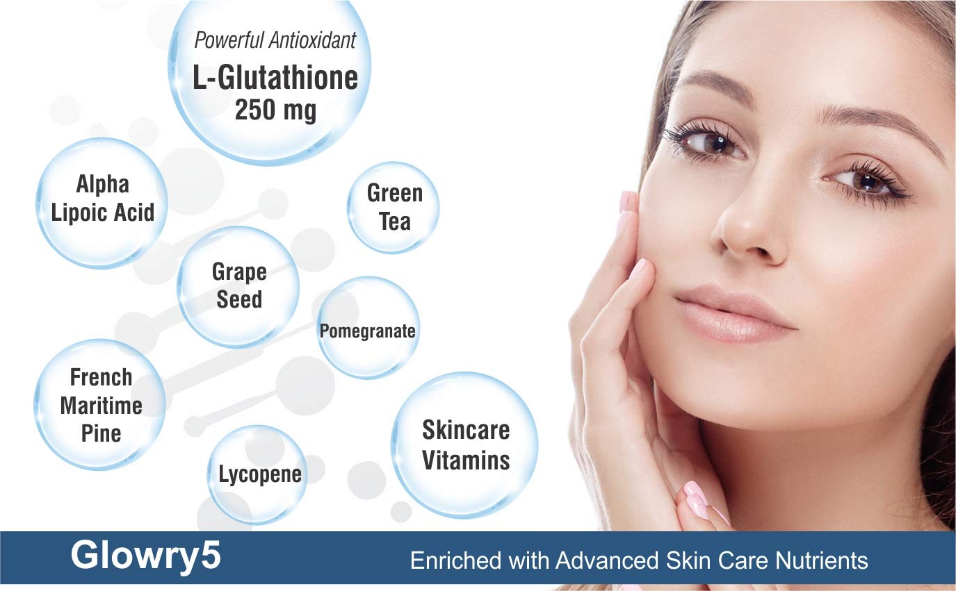 Trexgenics GLOWRY5 Advanced L-GLUTATHIONE Skin Care Complex with Skin Antioxidant Vitamins & Natural Herbs (30 Veg. Capsules) (Pack of 1)