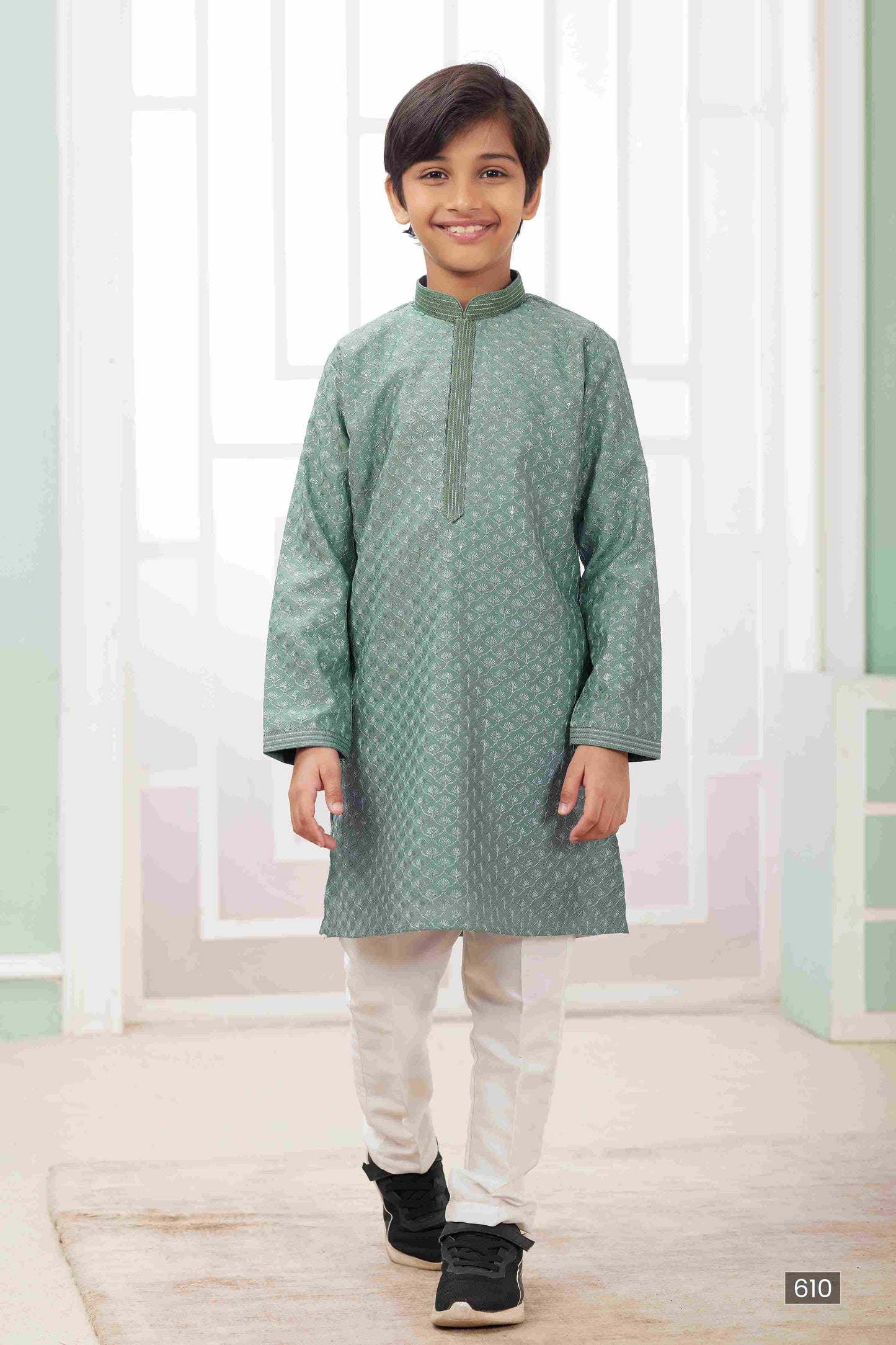 Raivat Ethnic Art Silk Embroidery Work Kids Kurta Pajama In Green Colour