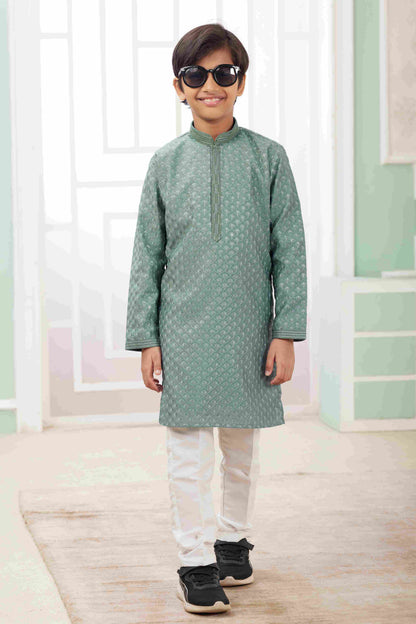 Raivat Ethnic Art Silk Embroidery Work Kids Kurta Pajama In Green Colour