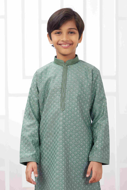 Raivat Ethnic Art Silk Embroidery Work Kids Kurta Pajama In Green Colour
