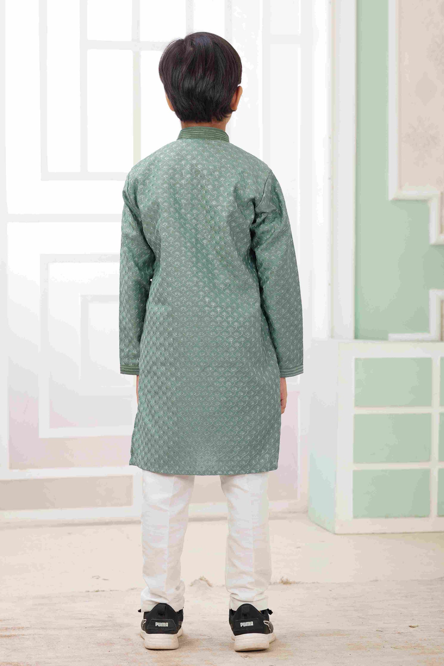 Raivat Ethnic Art Silk Embroidery Work Kids Kurta Pajama In Green Colour