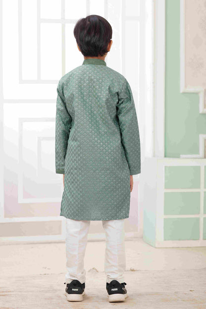 Raivat Ethnic Art Silk Embroidery Work Kids Kurta Pajama In Green Colour