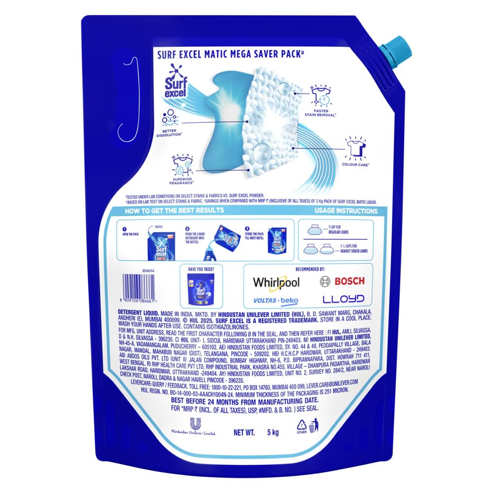 Surf Excel Matic Top Load Liquid Detergent 5Kg Refill Pouch, Specially designed to remove Tough Dried Stains, 1st time in Washing Machine