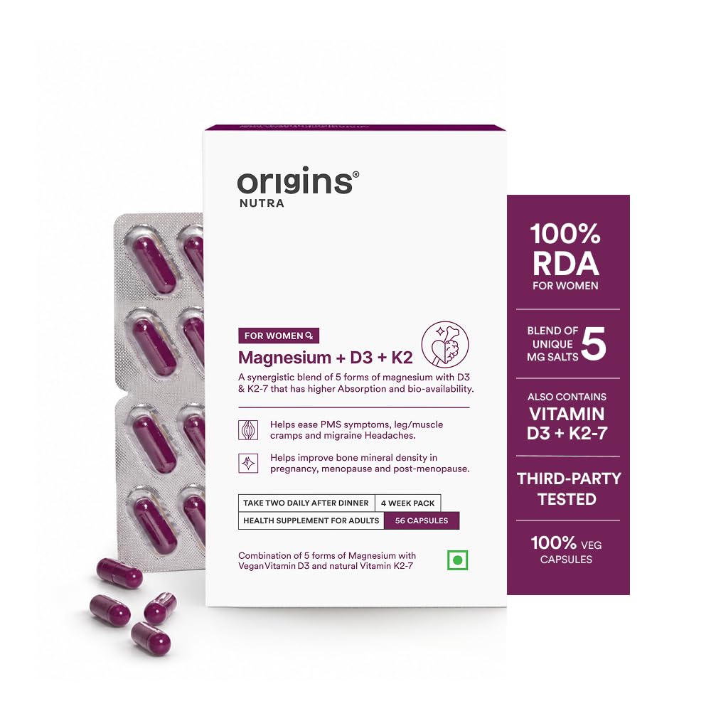 Origins Nutra 5-in-1 Magnesium + D3 + K2 for Women | 100% RDA of Magnesium, D3 & K2 | 56 Veg. Capsules | Supports Hormonal Balance & Bone Health | Relieves Migraines & Leg Cramps | GMP Certified | Pack of 1