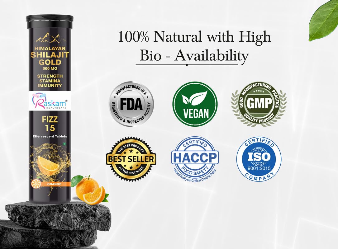 Himalayan Shilajit Gold Fizz 15 Effervescent Tablets (Orange Flavour, 500mg, Pack of 1) | With Ashwagandha, Gokshura & Safed Musli for Strength