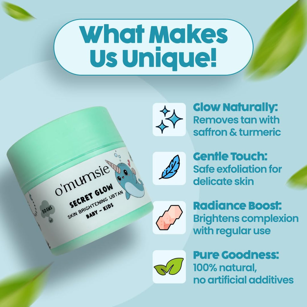 O'mumsie Natural Ubtan Powder For Kids | Effective Tan Removal & Helps in Skin Glow | Enriched with Chickpea & Turmeric | 100% Natural & Organic with Euro Certified - 50g