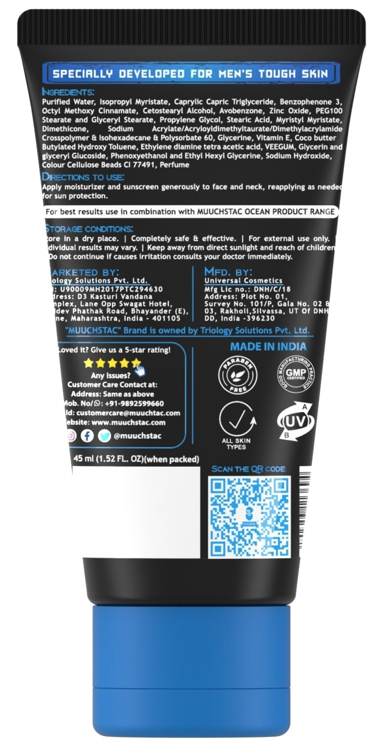 Muuchstac Mens Ocean Moisturizer & Sunscreen Matte Look Spf 18+ Cream - 45 ml (Pack of 2)