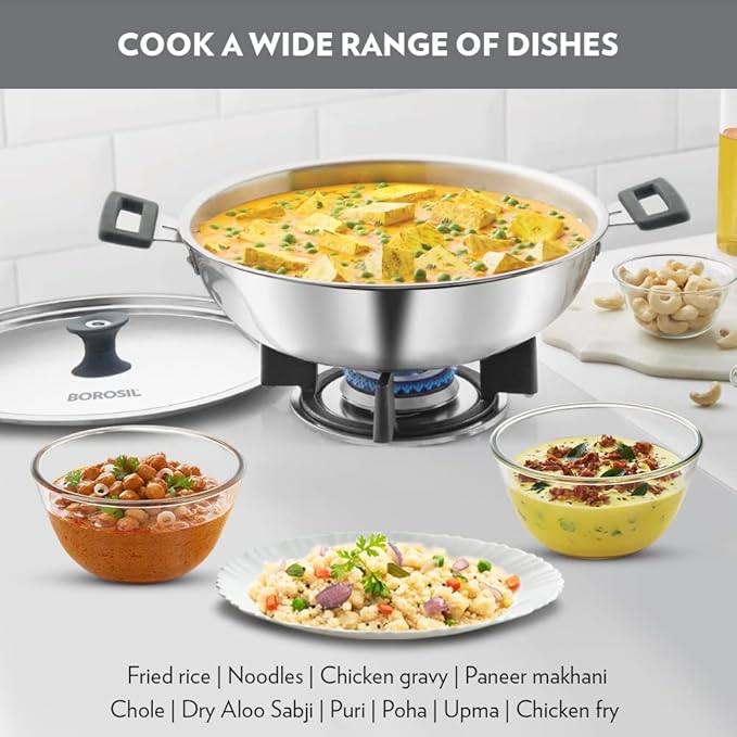 Borosil Cookfresh Tri-ply Stainless Steel Kadhai With Lid | Induction Friendly | 4 Litres | 28 Cm