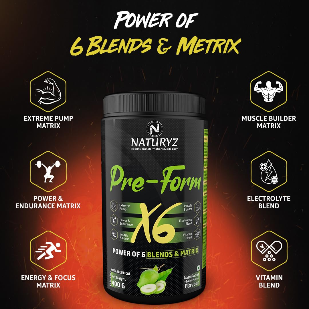 Naturyz Pre - Form X6 Pre Workout Supplement With Highest 19 Nutrients For Extreme Pump,Powder,Endurance,Energy,Focus,Muscle Builder,Vitamins & Electrolytes- 400 grams (Aam Panna Flavour)