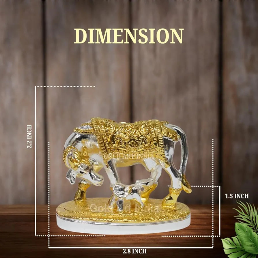 Gold Art India Om Kamdhenu Cow with Calf Idol  Gold Silver Plated