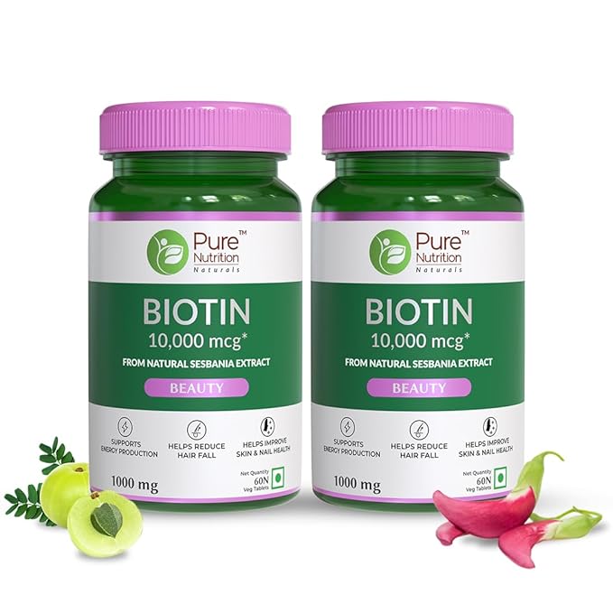 Pure Nutrition Naturals Biotin 10000 mcg from Natural Sesbania Extracts - 60 tabs (Pack of 2)