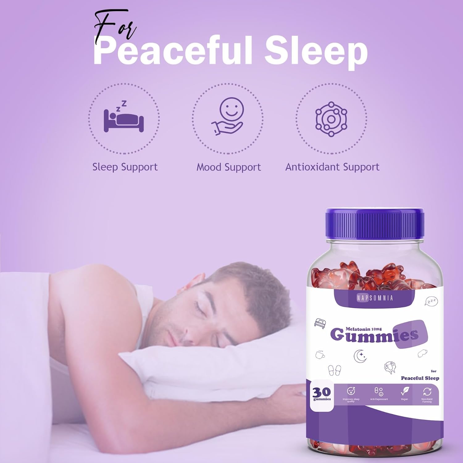 NAPSOMNIA Sleep Melatonin Gummies 10mg - Fall Asleep Fast & Wake Up Regenerated Gummies, Non-Addictive and No Next-Day Drowsiness, Black Current Flavor Sleeping Gummies for Deep Sleep (30 Count)