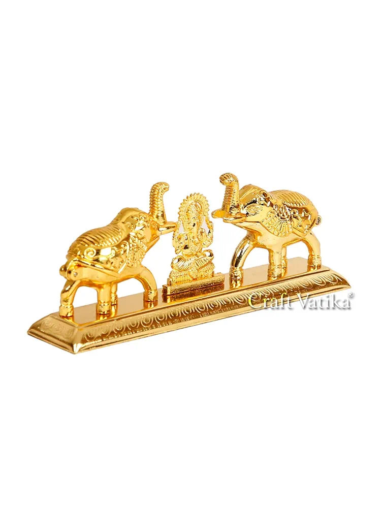 Metal Chandan Roli Kumkum Chawal Box With Ganesha Double Sindoor Dani In ElephantGolden Finish