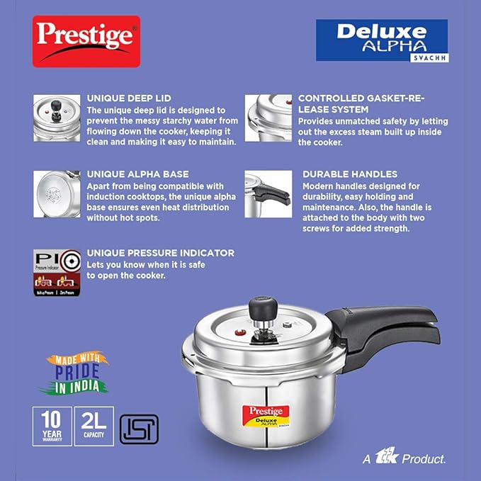Prestige Svachh Deluxe Alpha 2.0 Litre Stainless Steel Outer Lid Pressure Cookers Silver 2 Liter