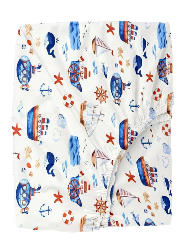 Trance Home Linen 180Tc 100% Cotton 78"X36" Single Size Elastic Fitted Kids Bedsheet Cartoon Printed with 1 Pillow Cover Colour Boat Blue