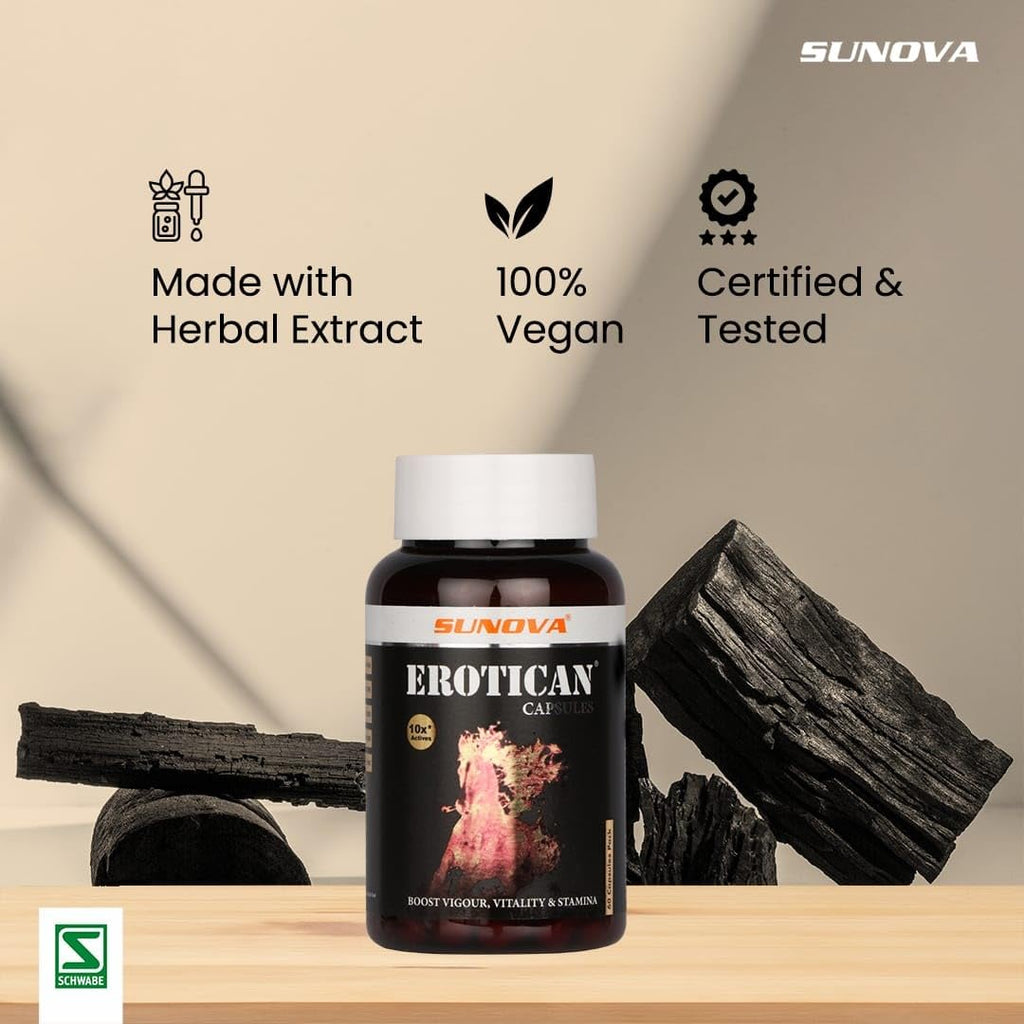 SUNOVA EROTICAN Caspules - Shudh Shilajit, Aswagandha, Gokshura,Bala and Kaunch for Strength, Performance & Muscle building