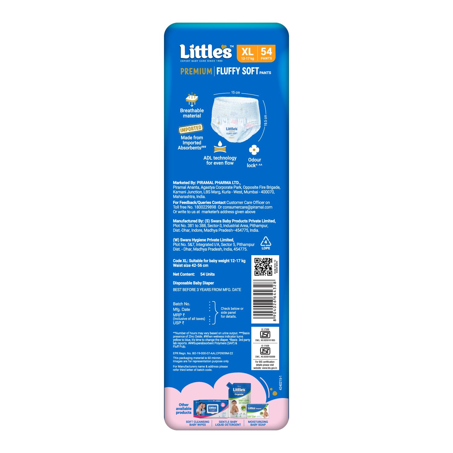 Little's Premium Baby Diapers XL Size (Extra Large) Pants Style | 12-17 kg | 54 Count | Super Jumbo FluffySoft Baby Diaper with Leakage Guard, Wetness Indicator & 12 Hours Absorption