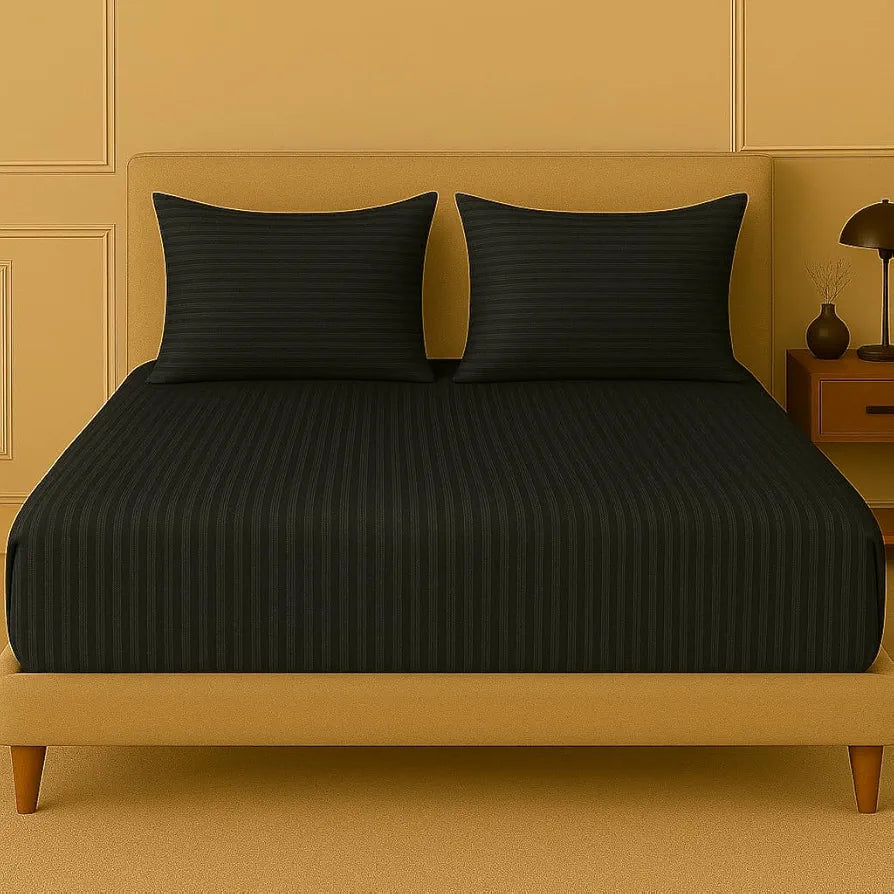 Trance Home Linen 100% Cotton 78x66 inch 200TC Satin Stripe Elastic Fitted Bedsheet Double Bed Fitted Bedspread with 2 Pillow Covers Colour Black