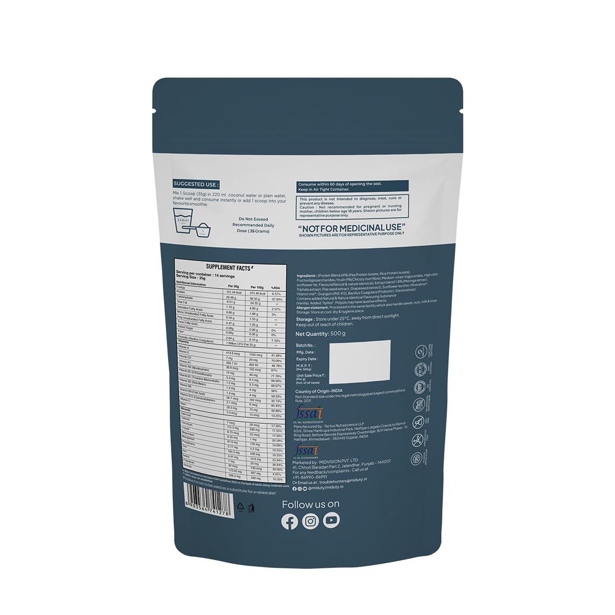 Miduty by Palak Notes ShapeME Up Plant Protein - Vanilla Flavour - 1 Billion Probiotics - Vegan Protein Shake for Lean Weight Loss - Protein Powder - Effective Weight Management - 500gm