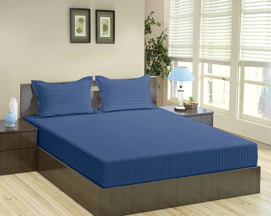 Trance Home Linen 100% Cotton 78X72 Inch King Fitted 200Tc Satin Stripe Elastic Fitted Bedsheet With 2 Pillow Covers Colour Mediterranean Blue