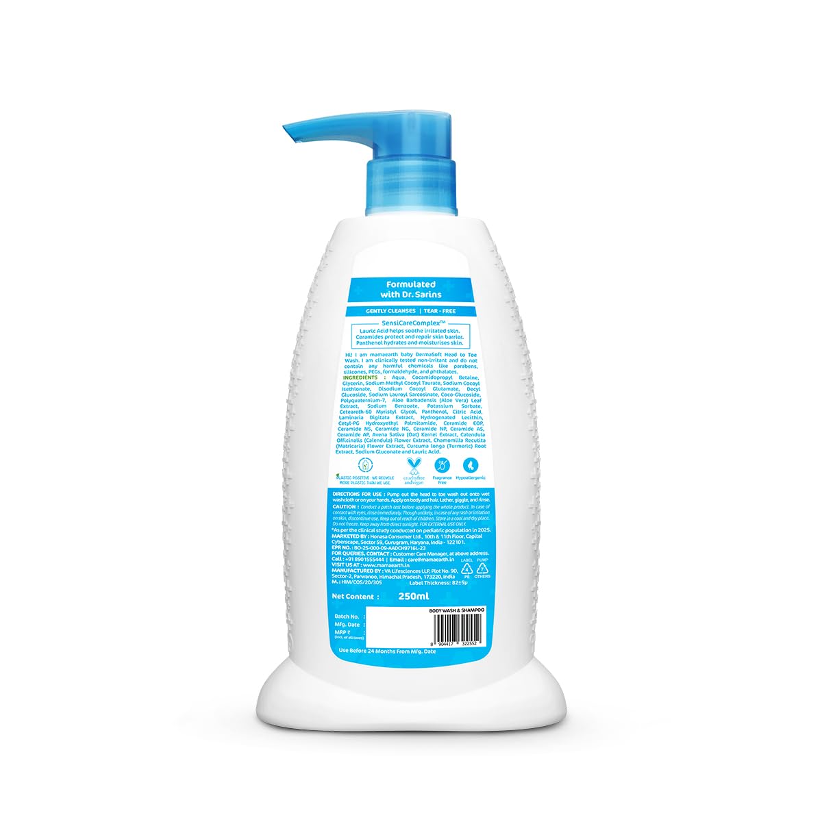 Mamaearth Baby DermaSoft Head to Toe Wash with SensiCareComplex™ for Baby's Sensitive Skin - 250 ml | Co-created with Dermatologists for Newborns | Enriched with SensiCareComplexTM for Baby's Sensitive Skin | Safe and Non-irritant formula*