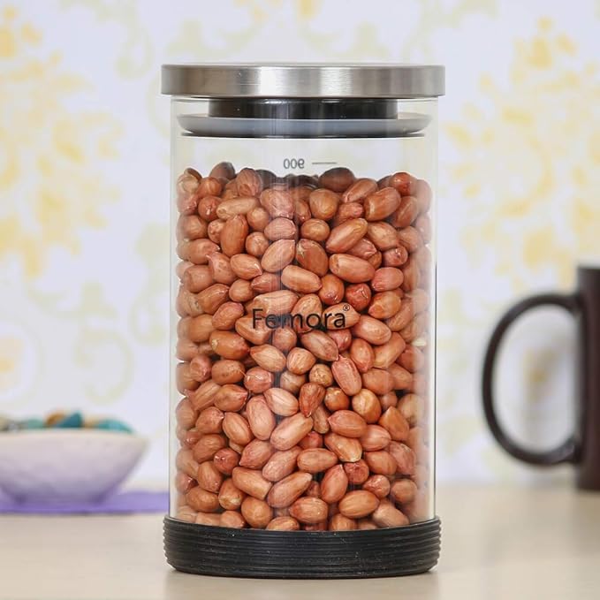 Femora Kitchen Storage Jars Borosilicate Glass With Silicon Bottom Air Tight Jar | 500 Ml | 900 Ml | 1300 Ml | Pack of 3